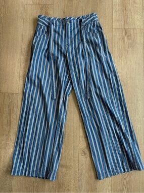 American Eagle Striped Wide Leg Pants Blue White High Rise Tie Waist Size 10